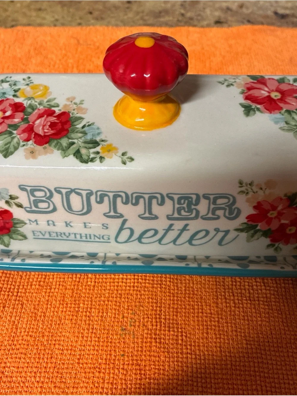 The Pioneer Woman Floral Ceramic Butter Dish with Red & Yellow Knob